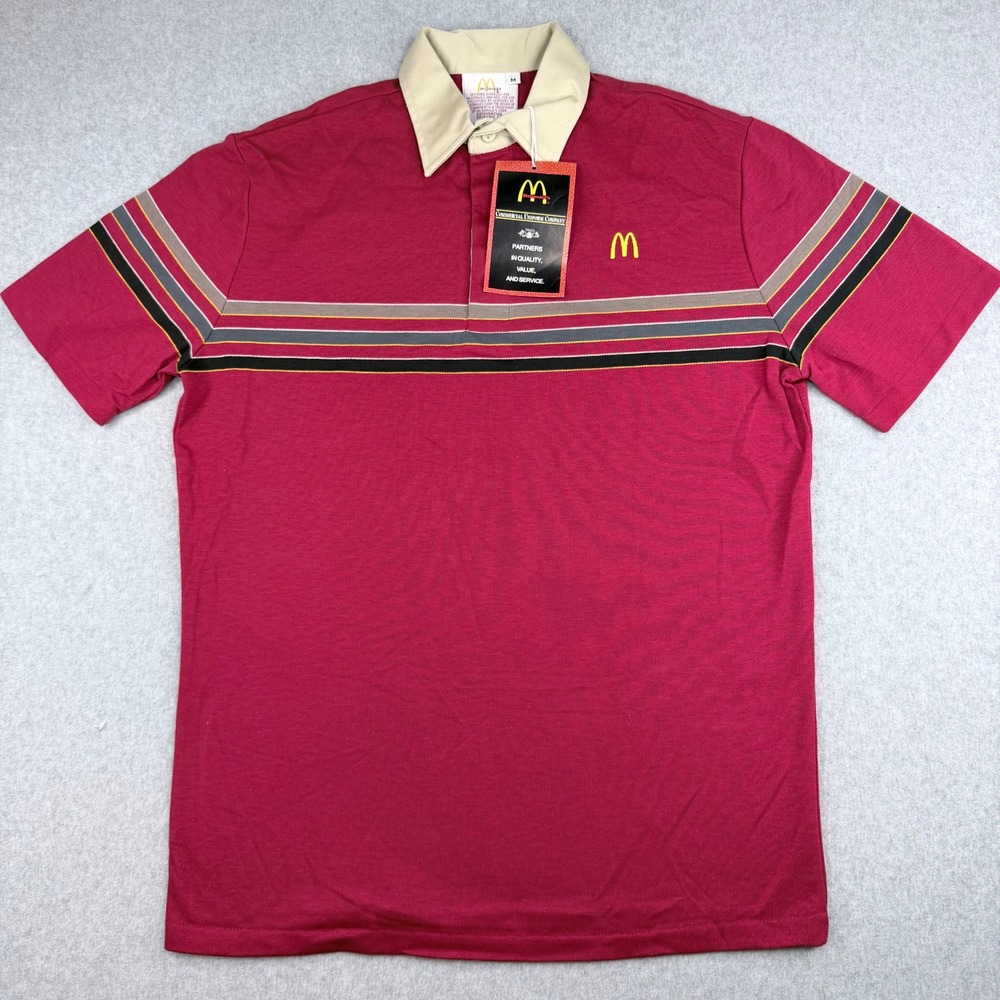 Vintage 1986 McDonalds Employee Uniform Polo Shirt Red Striped 8603P Mens M USA